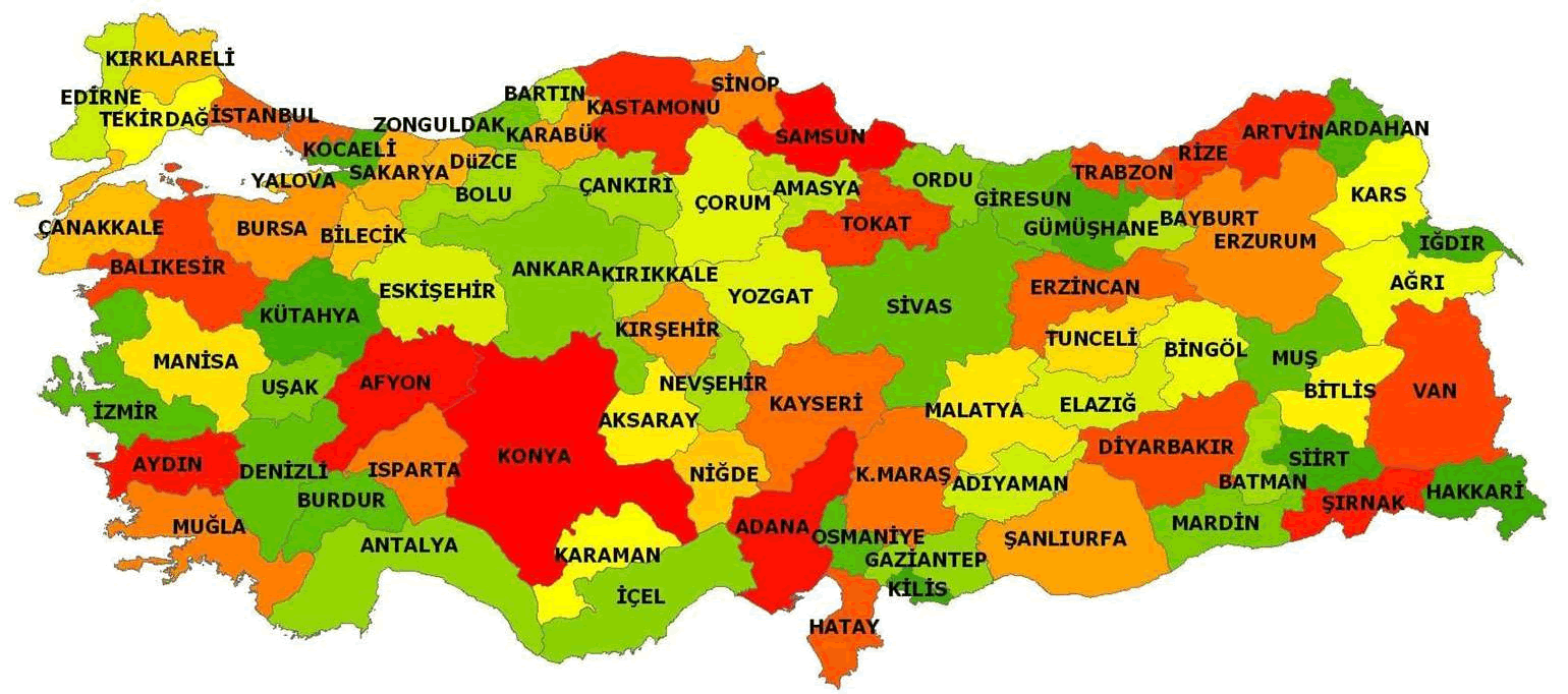 Türkiye'nin illeri ve bölgeleri renkli harita