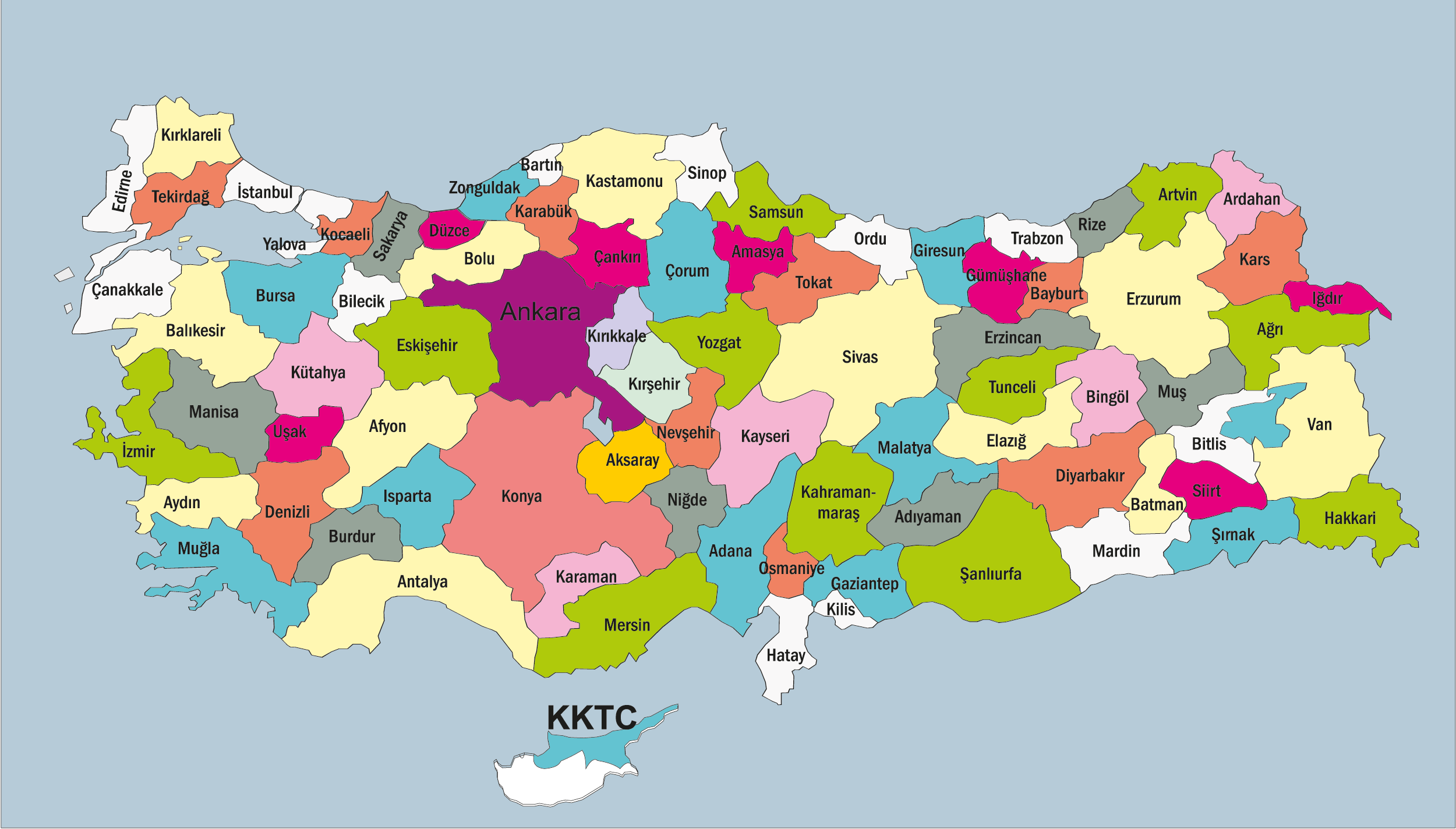 Türkiye'nin illeri ve bölgeleri renkli harita